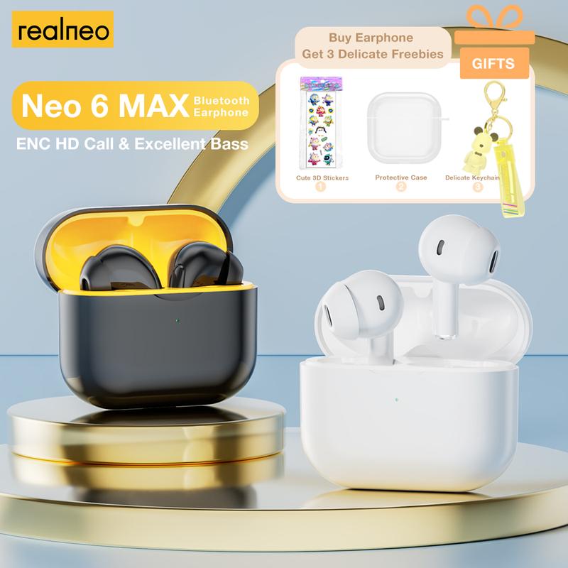 Tai Nghe Nhét Tai Nghe Bluetooth Realneo Neo 6 Max, Âm Thanh Không Dây Chân Thực Điện Tử Chất Lượng HIFI, Có Thể Sạc Lại Với Mic, Tặng Kèm 3 Quà Tặng, Bao Gồm 1 Stiker, 1 Hộp Đựng Và 1 Móc Chìa Khóa