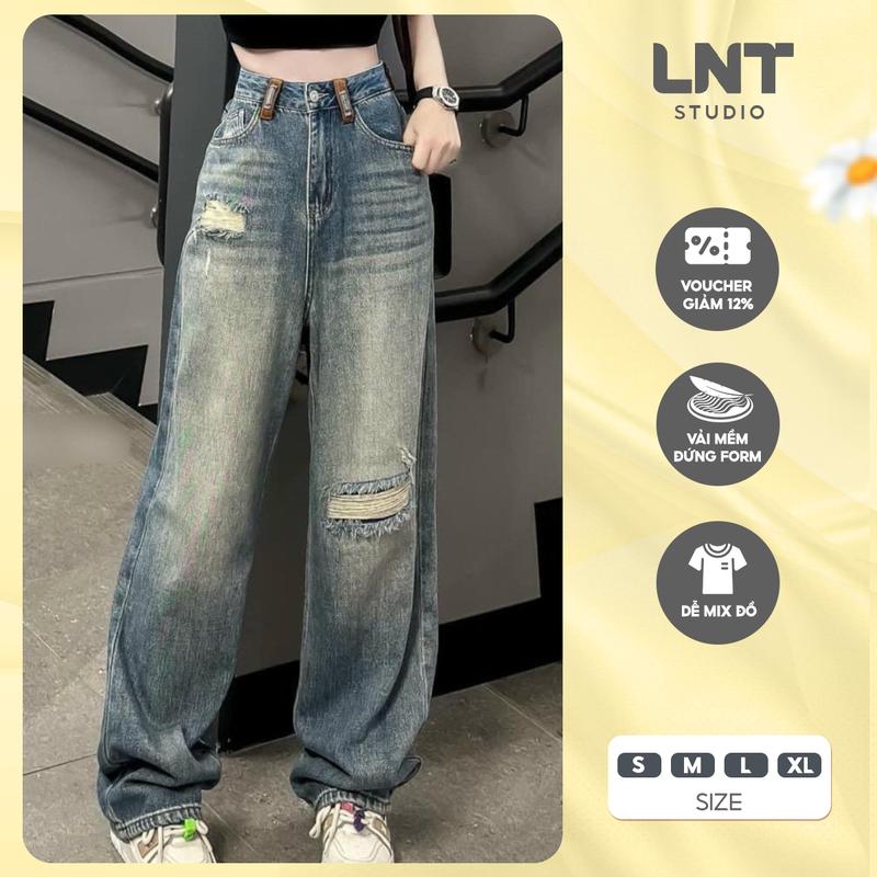  Quần Jean Nữ Dài 100cm Ống Suông Form Rộng Màu Xanh Dơ Phối Đai Nâu đủ size S-XXL LNT Studio  V2 Lưng Cao Nâng Mông Chất Bò đẹp bền phong cách trẻ trung năng động cá tính mẫu hot 
