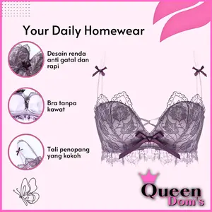 Queen Dom's Bra Hantaran Push Up Busa Wanita Sweety Renda Pita Motif Daun Bra Seamless 9030 Import Nilon Spandex Tanpa Kawat Tali Kokoh