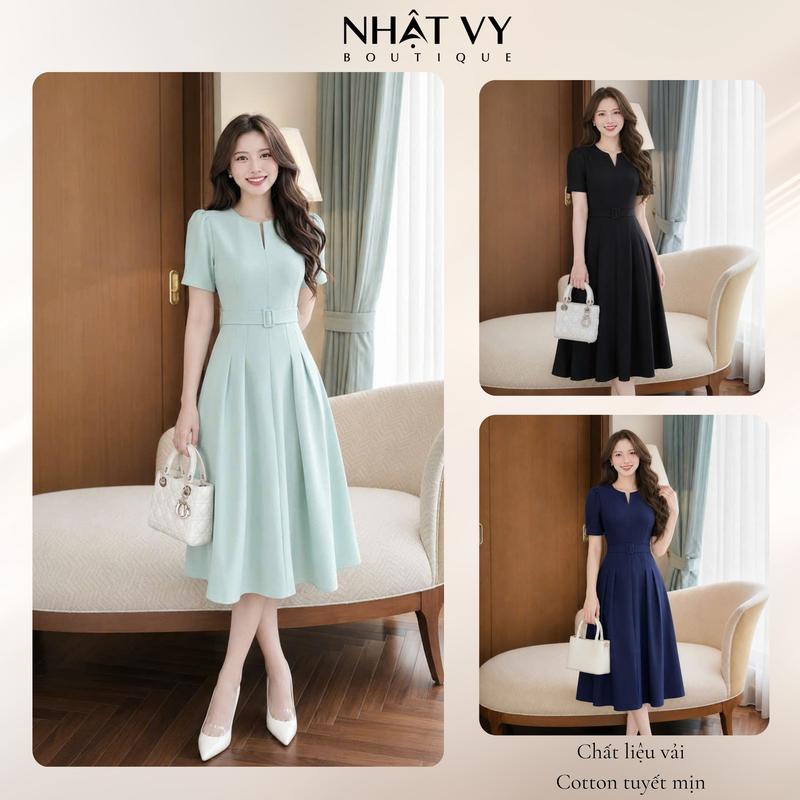 Đầm nữ thiết kế Nhật Vy Boutique tay ngắn cổ tròn cách điệu kèm dây belt phối xếp ly form dáng xòe chiết eo chất lụa có 4 màu phù hợp dạo phố văn phòng công sở đơn giản thanh lịch Dress - D2985 Nhung Kem