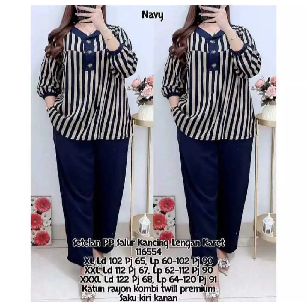 Setelan Motif Salur Jumbo LD 110 120 130CM XL XXL XXXL Bahan Katun Rayon Twill 116554 - Set Salur wanita - Lengan Panjang Karet - Celana