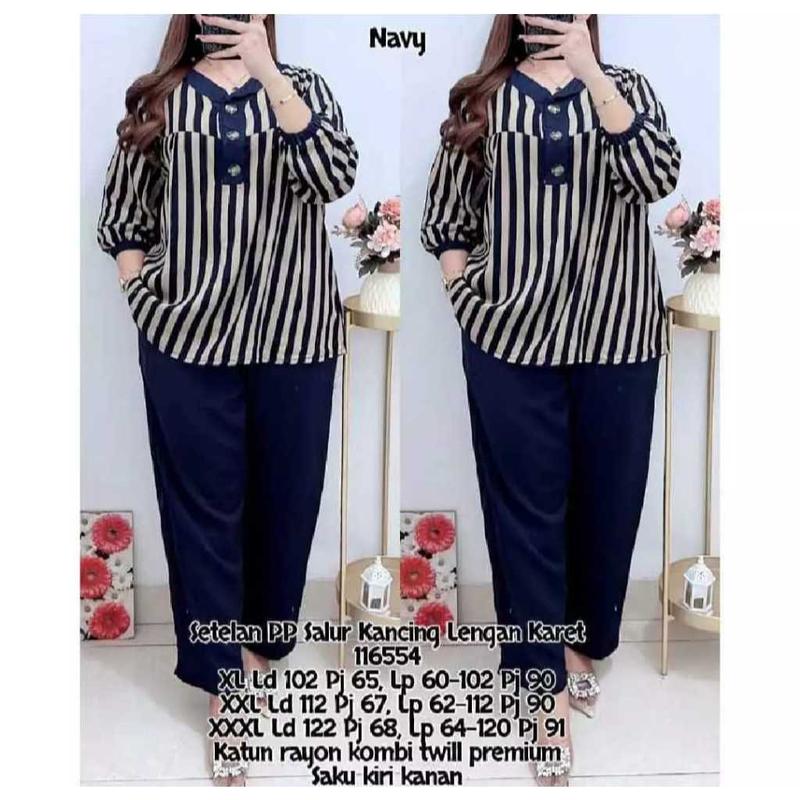 Setelan Motif Salur Jumbo LD 110 120 130CM XL XXL XXXL Bahan Katun Rayon Twill 116554 - Set Salur wanita - Lengan Panjang Karet - Celana 0