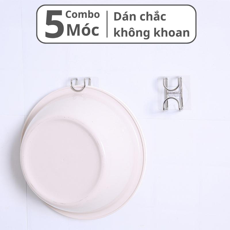 Combo 5 móc treo thau chậu Living C, móc inox 304, miếng dán nhựa chịu lực siêu chắc, tiện ít