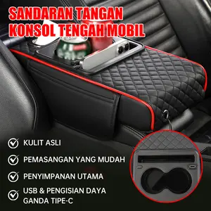 Kotak Sandaran Tangan Mobil Alas Kotak Sandaran Tangan Mobil Multifungsi Kulit PU & Spons Pengisian Daya USB & Type-C Tempat Gelas & Kotak Tisu Universal untuk Mobil SUV Truk dan Sedan