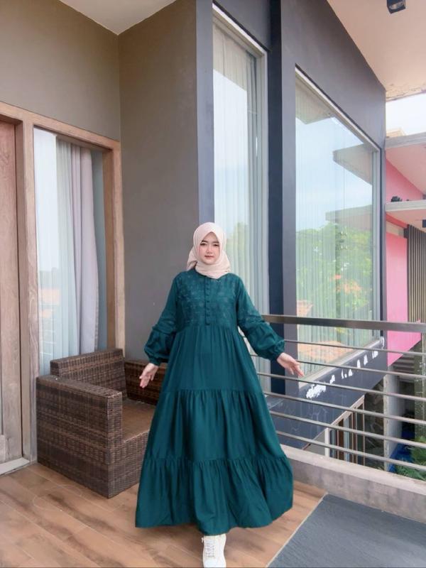 Gamis Slavina Bordir Busui Kancing Muslim Wanita Simple Elegant Mayung Twill Nyaman Rempel Cantik 0
