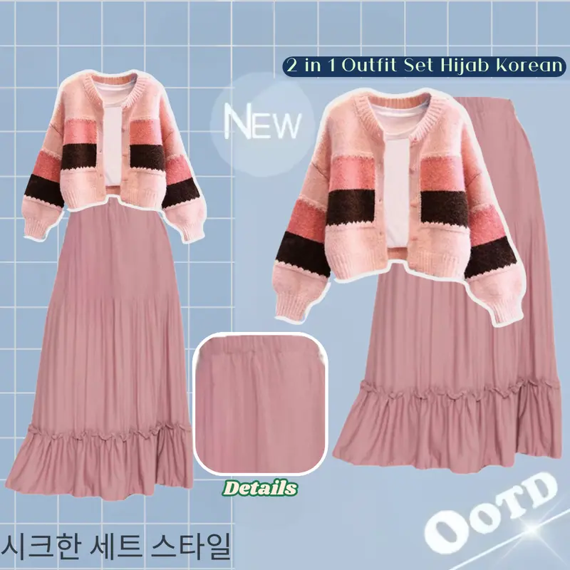 One Set Korean Style (Hijab Cardigan Tas Bahu Rok Plisket) Variasi Baju Setelan Wanita Simple CS002 Nyaman Muslim Panjang Karet Bawahan Pink Putih 2