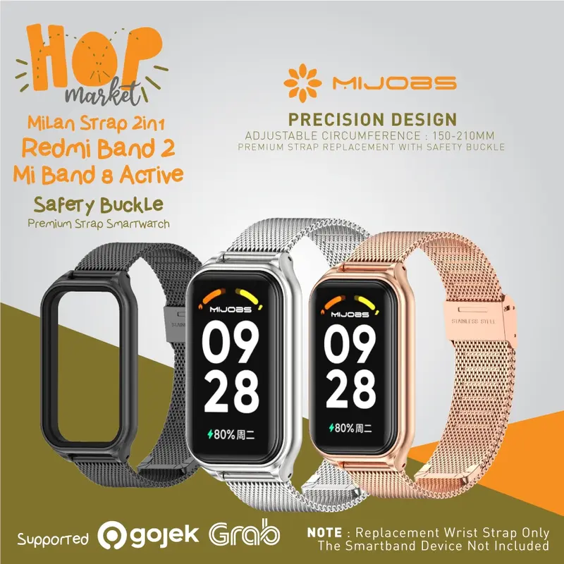 MIJOBS Milan Stainless Strap for Xiaomi Mi Band 8 ACTIVE / Redmi Band 2 (Tali Jam Buckle with Cover Case Frame Band8 Band2) 0
