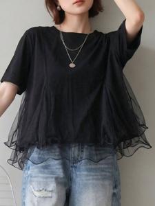 レディース向けライトレトロメッシュパッチワークTシャツ、ラウンドネック・3Dデザイン、通勤に最適で重ね着にも使えるトップス、ファッショナブルかつ快適