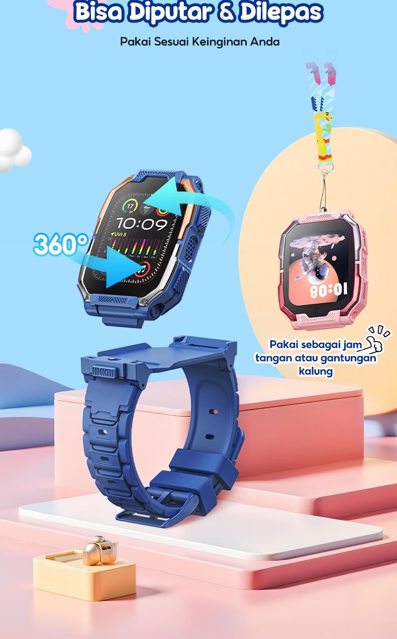Kiumo Jam Tangan Anak 4G Kiumo Smartwatch Dengan Kamera Ganda Anti Air IP67 Smartwatch Anak Gps Digital Bluetooth Mirror Space Watch Running Ada Pace Smart Band Wifi Screen Monitor Smartwatch 360° Rotating Dual Camera HD Video Calling Jam Tangan Pink Lcd