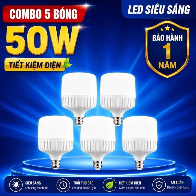 Combo 5 Bóng Đèn Led 50w, - Đèn Led Siêu Sáng Tiết Kiệm Điện, Giá Tốt, Đui Xoáy E27