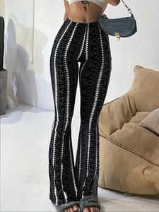 Pantalones boho con estampado tribal, de talle alto y tejido elástico; pantalones casuales de pierna ancha para yoga; estilo retro, festivales y streetwear; pantalones holgados con rayas verticales; pantalones flare ligeros.