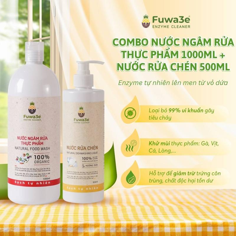 Chính hãng Combo Nước Ngâm Rửa Thực Phẩm 1L & Nước Rửa Chén 500ML Fuwa3e Eco-Enzyme Vỏ Dứa An Toàn Dịu Nhẹ Thân Thiện Môi Trường