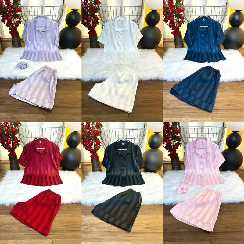 ĐÙI LỤA SỌC (45kg-85kg) - Pijama lụa sọc màu trơn sang trọng Nữ Women Áo Ngủ Quần Ngủ