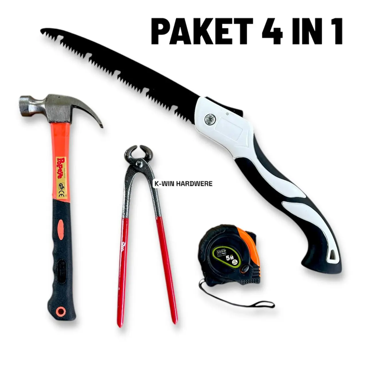 Paket Set 4in1 Paket Hemat Gergaji Kayu Lipat Bahan Baja Asli SK5 Gagang Karet Gergaji Tukang Graji Lipat Meteran 5 Meter Karet Palu Kambing 8 Oz Palu Martil Cungkil Pakut Tang Gegep PRESS Tang Potong Kakatua Tang Potong Kawat Catut Blister