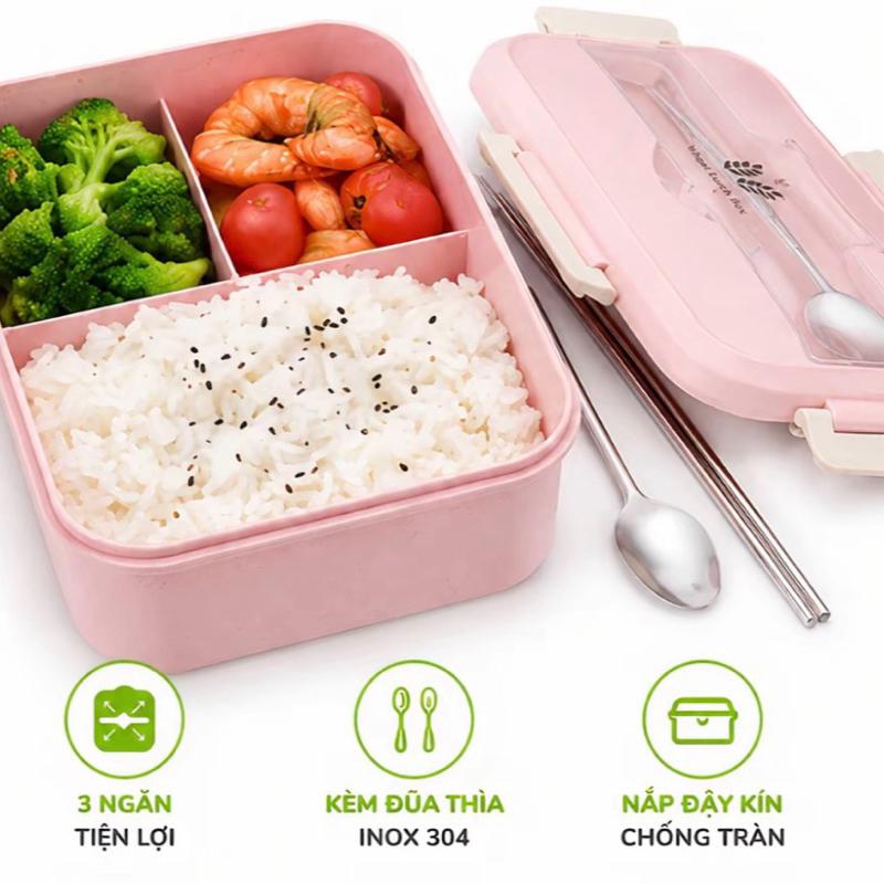 Hộp Đựng Cơm 3 Ngăn Kèm Đũa Thìa Inox Chống Rỉ - Hộp Đựng Thức Ăn 3 Ngăn 1200ml