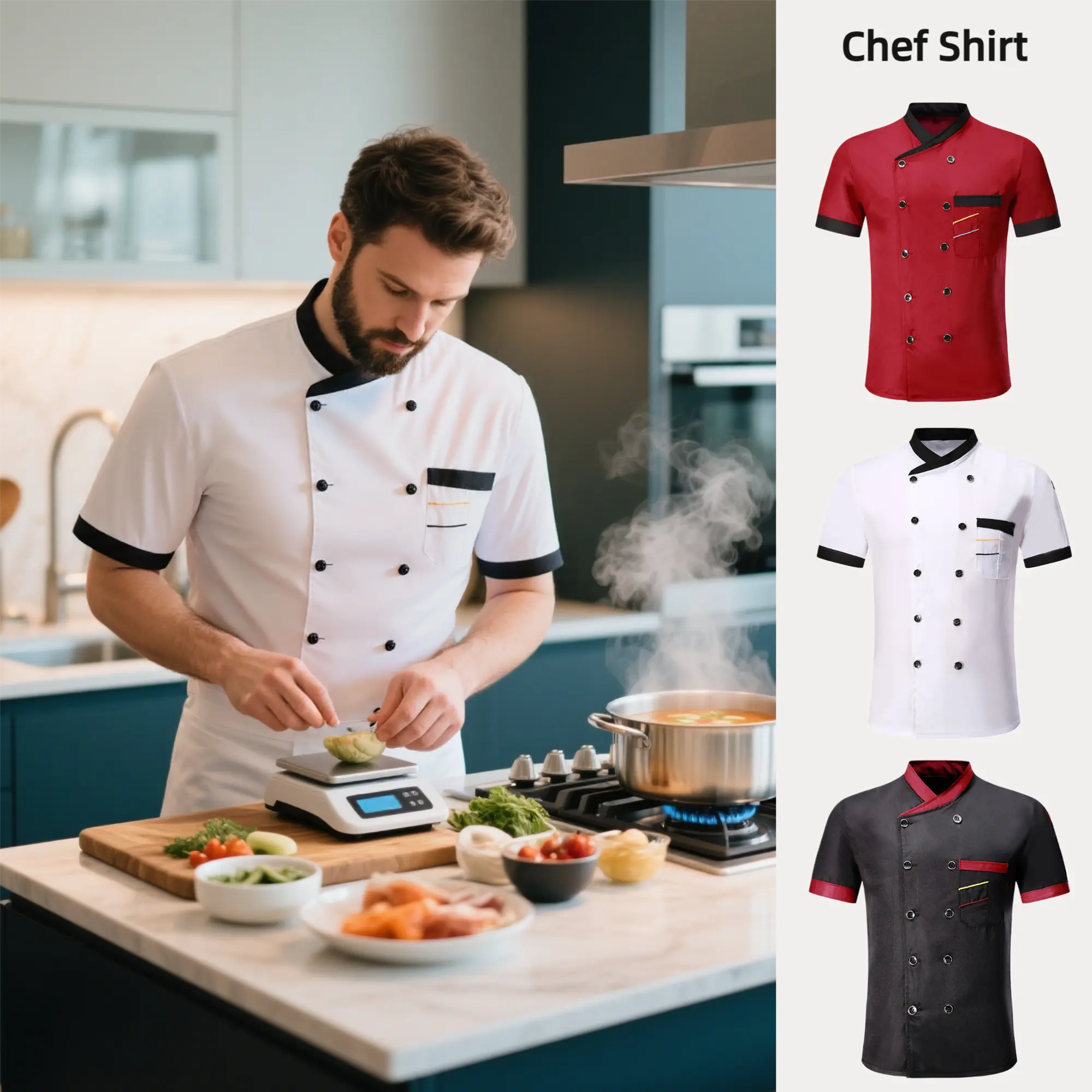 wilinive|Chef Shirt Double-breasted Patch Pocket Stand Collar Buttons Short Sleeves Cooking Restaurant Unisex Plus Size Chef Uniform Restaurant Garment