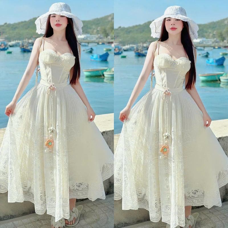 Bộ đầm váy nữ áo qc 2 dây [có mút] đính nơ phối kim tuyến + chân váy ren 2 lớp dáng dài xòe xinh xắn dành cho các nàng diện đi chơi đi tiệc