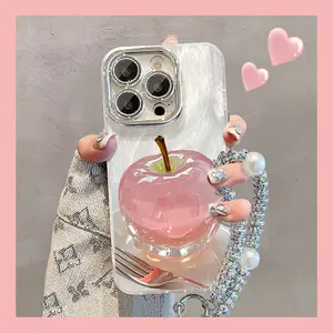 Case HP khusus untuk iPhone/OPPO/VIVO/Xiaomi/Redmi/Samsung/Infinix/Realme，Desain Apel Kristal 3D & Renda Halus, Full Cover Premium + Pelindung Lensa Bawaan, Anti Jatuh untuk Wanita