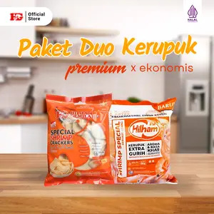 Kerupuk Udang HG Premium (250gr) + Kerupuk Udang Hilham Ekonomis (250gr) | Cemilan Rasa Udang | Gurih, Renyah, Bikin Nagih! (250gr) Camilan Food Snack Keripik Makanan