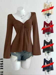 Otoño e invierno en estilo puro deseo, moda casual con cuello cuadrado color apricot y plisado en el pecho, camiseta de manga larga para mujer