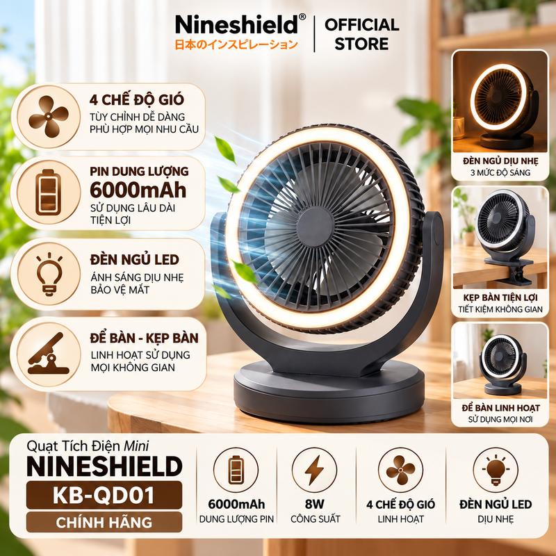QUẠT TÍCH ĐIỆN MINI NINESHIELD KB-QD01 6000MAH 8W – QUẠT ĐỂ BÀN KẸP BÀN CÓ ĐÈN NGỦ, 4 CHẾ ĐỘ GIÓ
