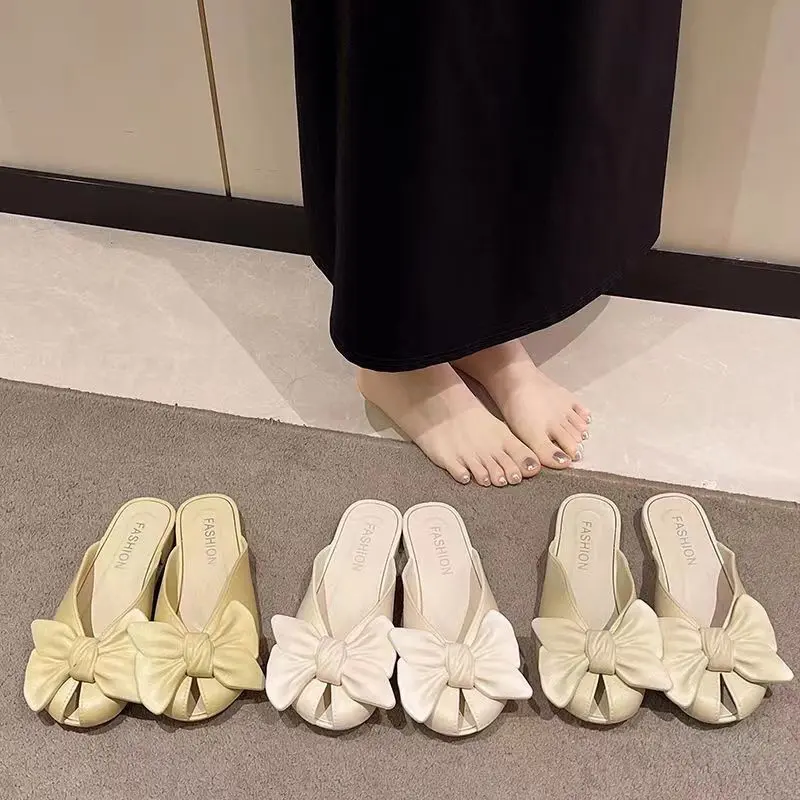 Dép Lê Đế Bằng Thời Trang, Nơ Cổ Tích, Dễ Phối Đồ, Đầu Túi, Nửa Kéo, Dành Cho Nữ, Có Thể Đeo Ngoài Trời Mùa Hè, Ngầu déplê cờ  rốc