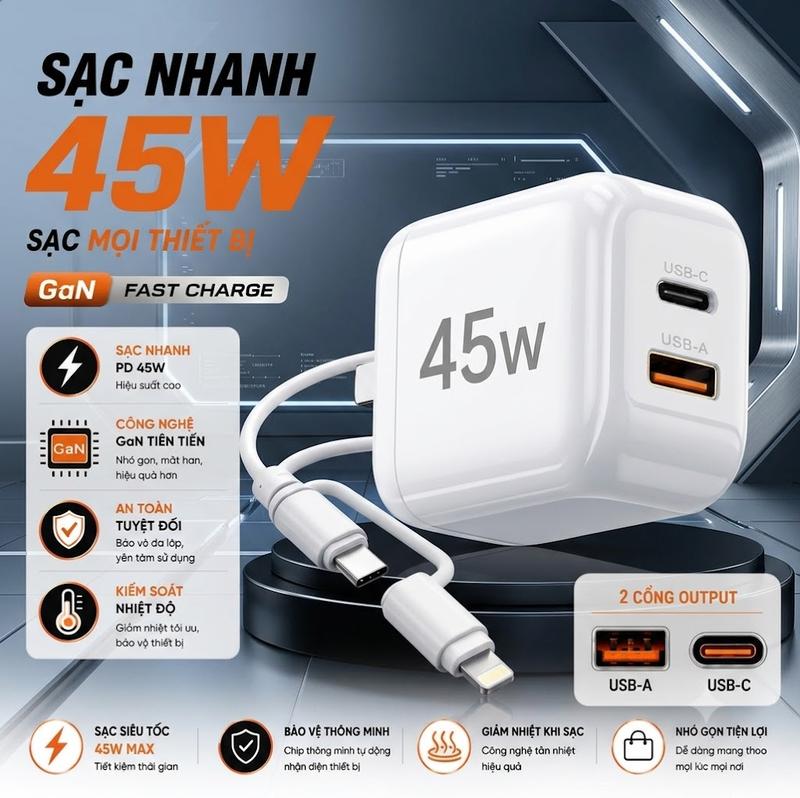 Bộ Sạc Siêu Nhanh 45W, Cáp Đa Năng 4-in-1 GAN Little Reunion tích hợp cho các dòng máy smartphone siêu hót Bảo hành 24 tháng