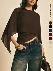 Blusa elegante asimétrica para mujer, diseño de manga tipo murciélago, perfecta para uso diario y casual, top estiloso para mujeres
