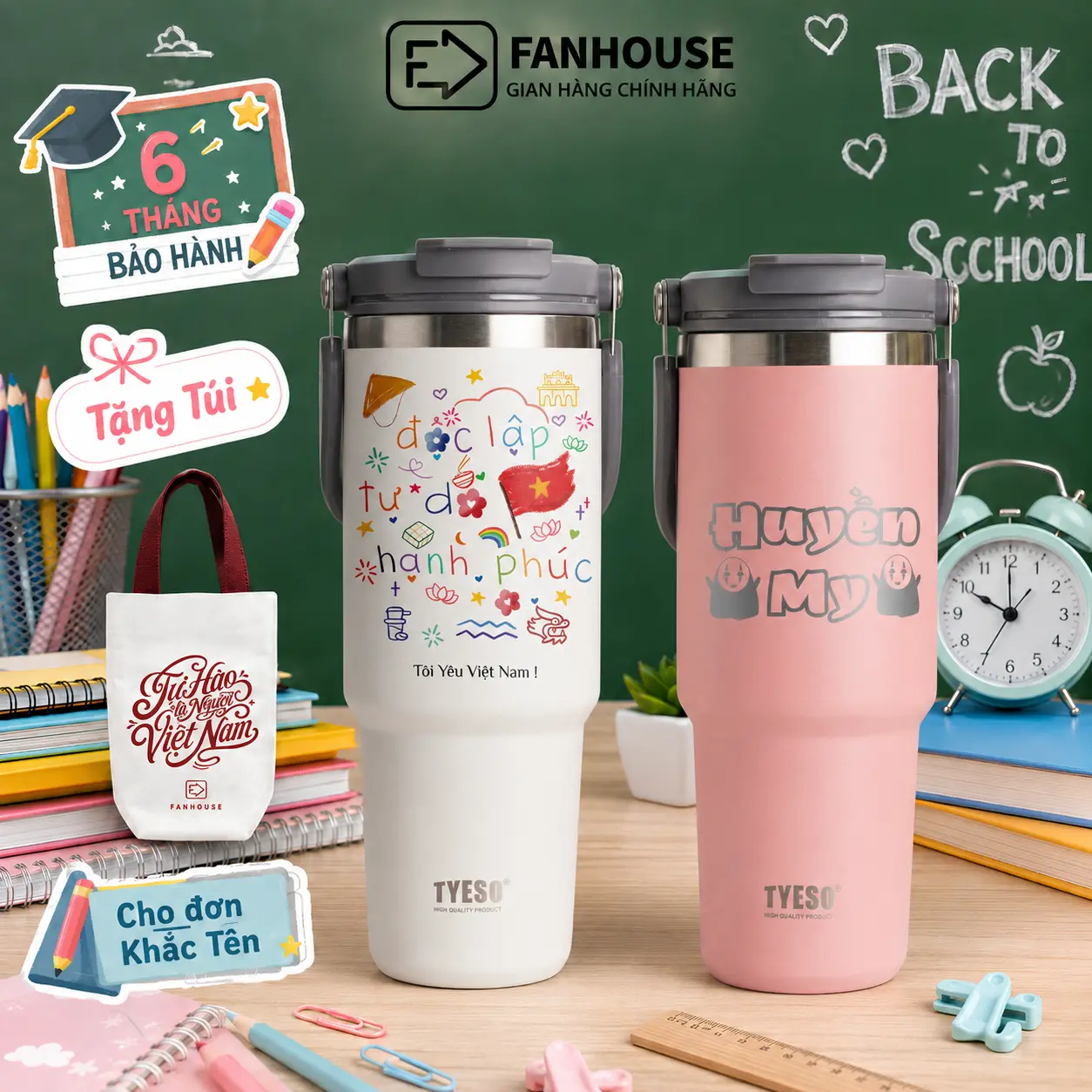 [Tặng Túi Canvas Khi Khắc Tên] Ly giữ nhiệt Tyeso V2 chính hãng 4 dung tích 600-1200ml inox 304 Fan House khắc tên theo yêu cầu