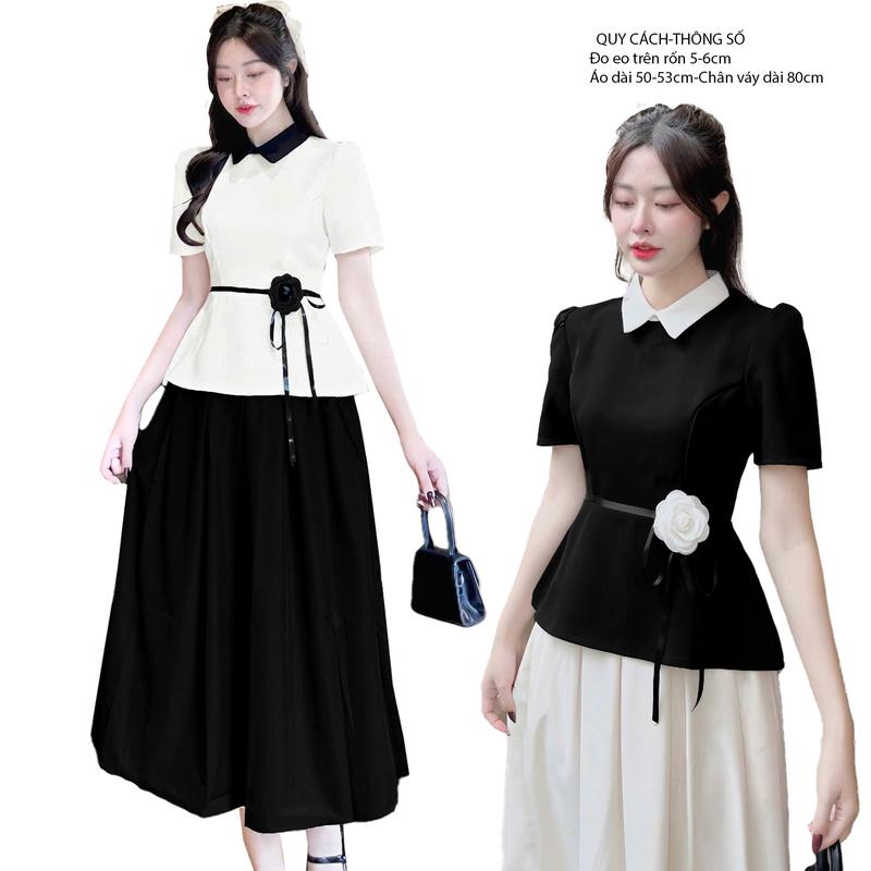  280-TÁCH LẺ Set Áo Peplum Cổ Sơ Mi Phối Chân Váy Xếp Ly Midi Chất Vintex Tuyết Mưa Phù Hợp Đi Chơi Đi Làm Đi Tiệc Size S M L Phong Cách Vintage Sang Trọng 