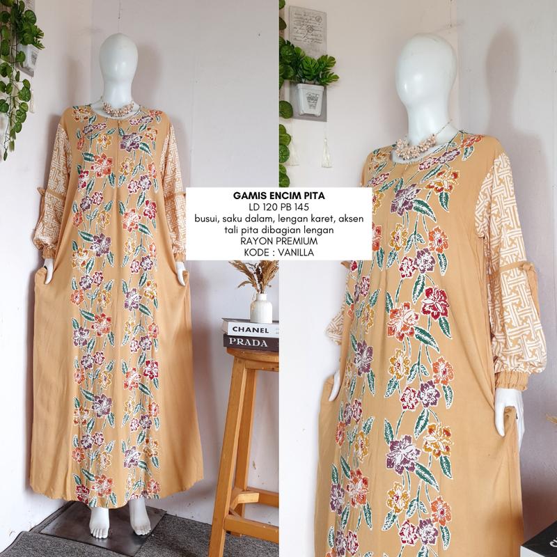 gamis encim pita  LD 110-120 | busui friendly | gamis batik cap colet premium rayon candi mekar Muslim Dress Wanita 6