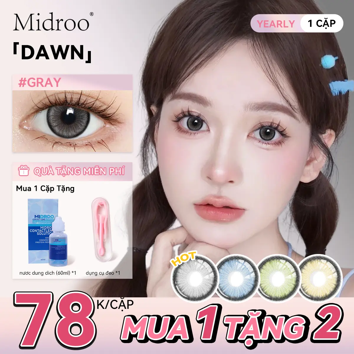 Kính áp tròng màu, Midroo DAWN, 12 tháng, DIA: 14,5mm, Độ: 0,0-8,0, Mua 1 Cặp Kính Áp Tròng và Tặng 60ml Dung Dịch Chăm Sóc + Dụng Cụ Đeo, Màu Xám / Xanh Dương / Xanh Lá Cây / Nâu, [Ưu Đãi Mua 1 Tặng 2]