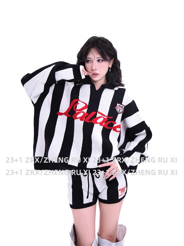 Bộ Áo Len Sọc Cho Nữ Thời Trang Thiết Kế Độc Đáo Áo Dệt Kim Và Quần Đùi Trang Phục 2 Mảnh 14786