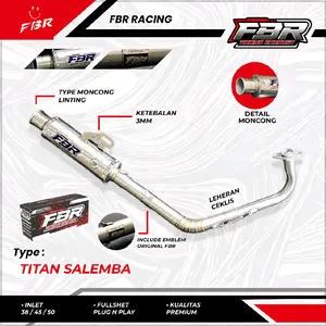 FBR RACING KNALPOT SALEMBA TITAN FBR RACING EXHAUST Grade A Slencer Full Stainless 1mm Sarangan Full Bor Setengah Gantungan 3mm Inlet 38 45 50 List Mirror Stainless Emblem Logo ORI V3 Gasswool Anti Bakar
