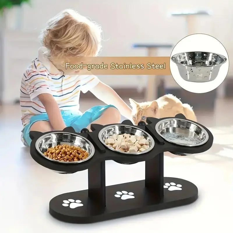 Adjustable 15° Tilted Cat Bowl, 1 Count Pet Feeding Bowl with 3 Counts Stainless Steel Bowl, Pet Feeding Supplies for Dogs & Cats 3