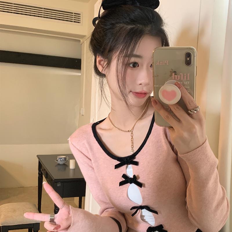 Product Introduction of Chanel Style Socialite Bow Long-Sleeved Knitted Women's Autumn New Design Hollow out Outer Wear Solid Color Long-Sleeved Top 11