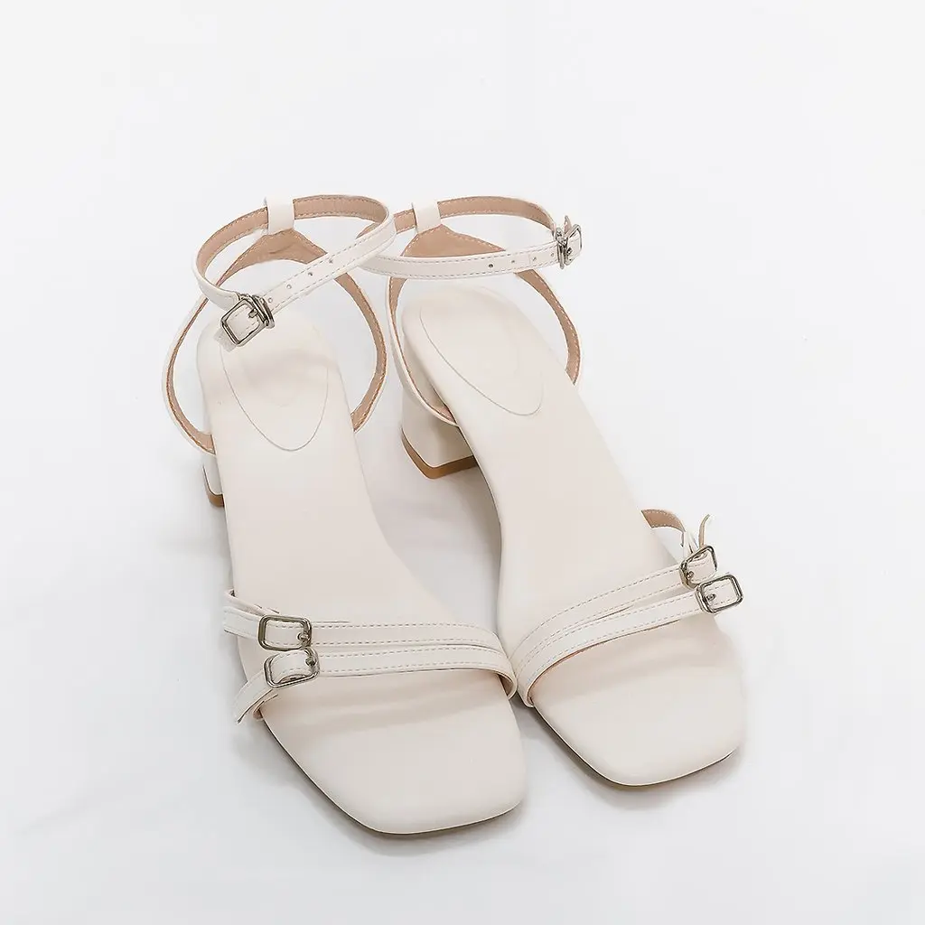Brooklyn Buckle Strappy Block Heels in Cream White