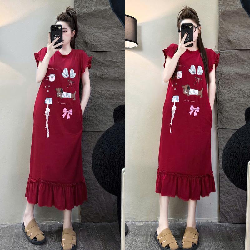 Đầm Suông Nữ Đuôi Cá Thun Cotton Cổ Tròn Tay Bèo Dáng Rộng Túi Eo Women Dress