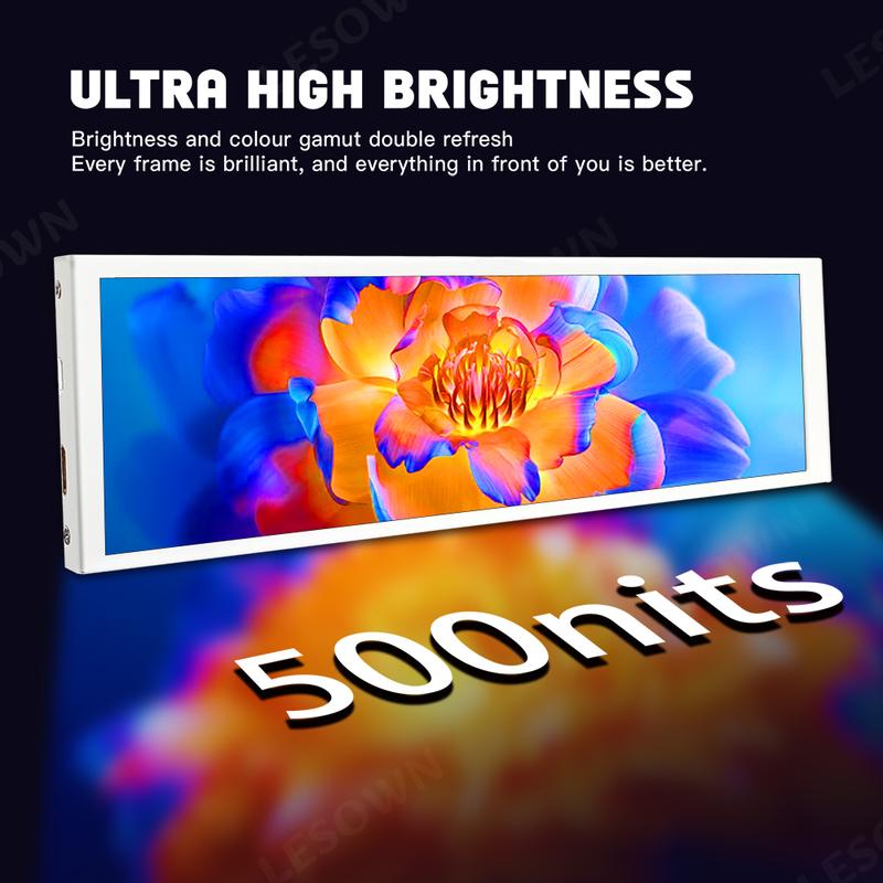Product Introduction of LESOWN 7.9 inch 400x1280 IPS Bar LCD HDMI Wide Display Touch 500Nits High brightness 7.84 Long Stretched Secondary Monitor White 8