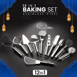 Set Baking Alat Membuat Kue 12 in 1 Stainless Steel – Alat Masak & Baking Multifungsi Spatula, Pengocok Telur, Pemotong Pizza, Penghancur Kentang + Wadah Penyimpanan