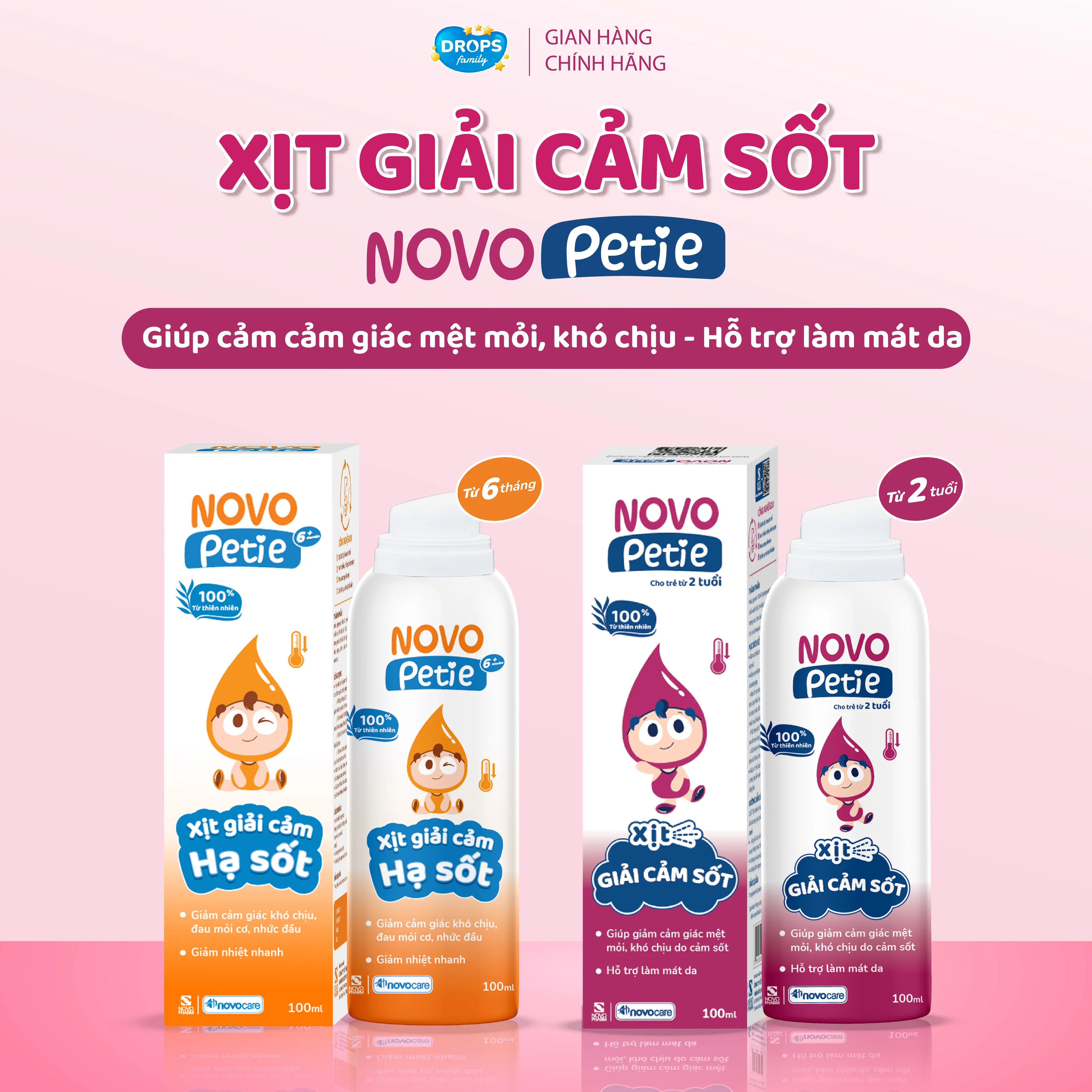 Xịt giải cảm hạ sốt Novopetie giảm khó chịu do cảm cúm, làm mát, lọ 100ml