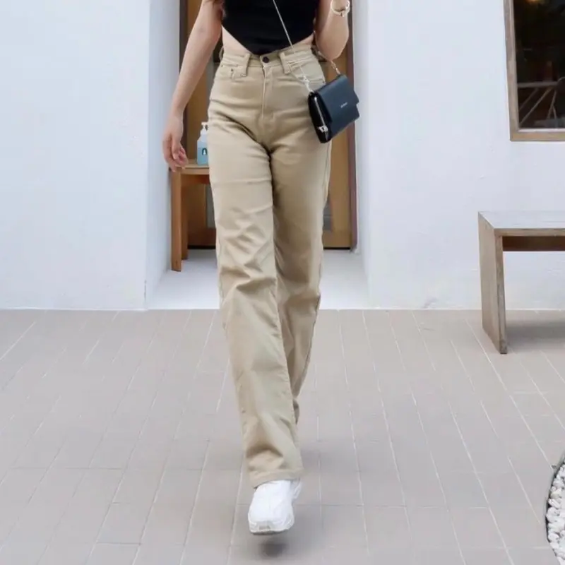 Celana jeans wanita model loose jeans peanuts/khaki keren kekinian Panjang Nyaman 1