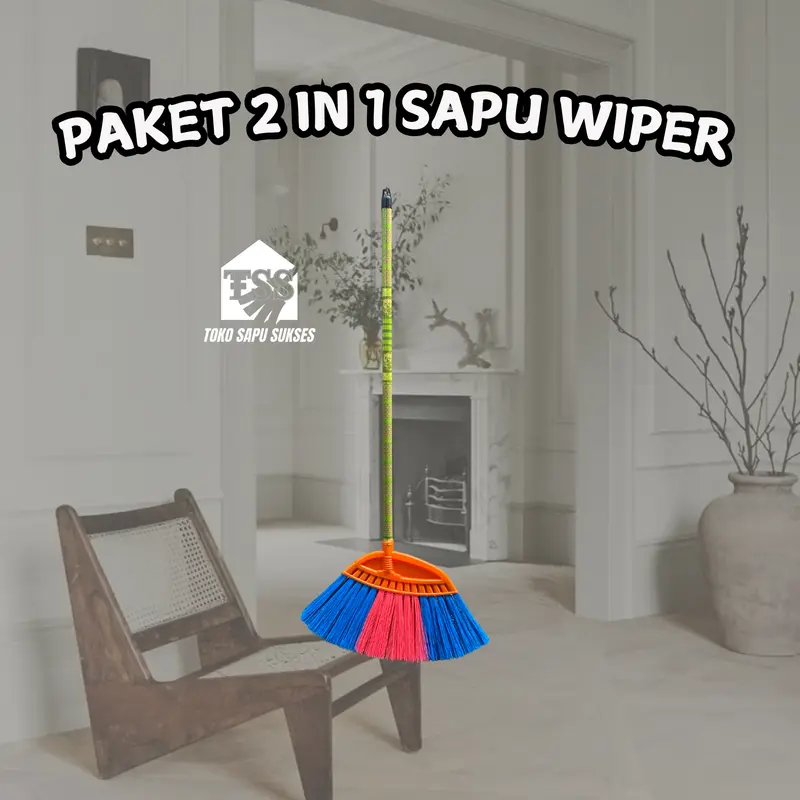 PAKET SAPU 2 IN 1 SAPU SENAR  & WIPER @2 ALAT BERSIH PLUS GAGANG PLASTIK sapu jawa Lantai 1