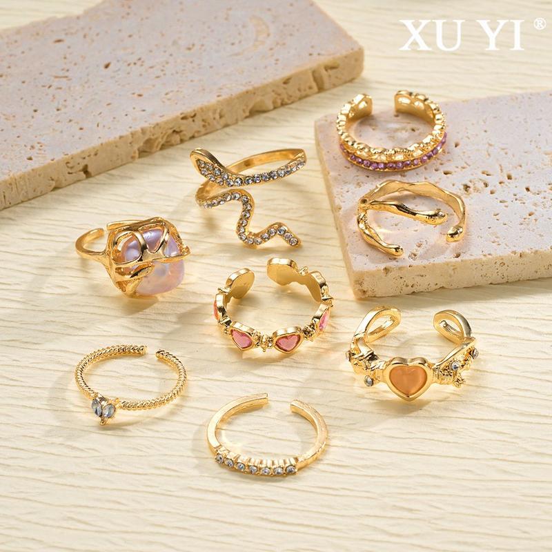 XUYI-Bộ Nhẫn Có Thể Điều Chỉnh Cho Nữ, 8 Cái / bộ, Ngọc Trai Giả Trái Tim Rắn, Nhẫn Pha Lê Nhân Tạo, Phụ Kiện Trang Sức