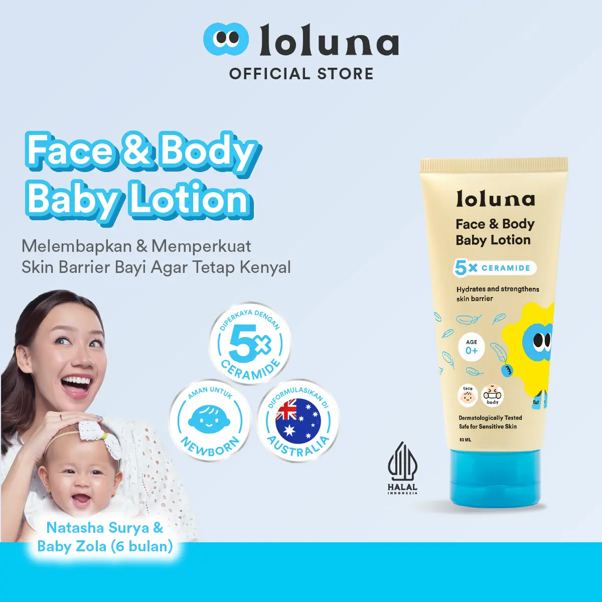 LOLUNA 5x Ceramide Krim Muka dan Badan Bayi dan Anak / Krim untuk Newborn - 80ml