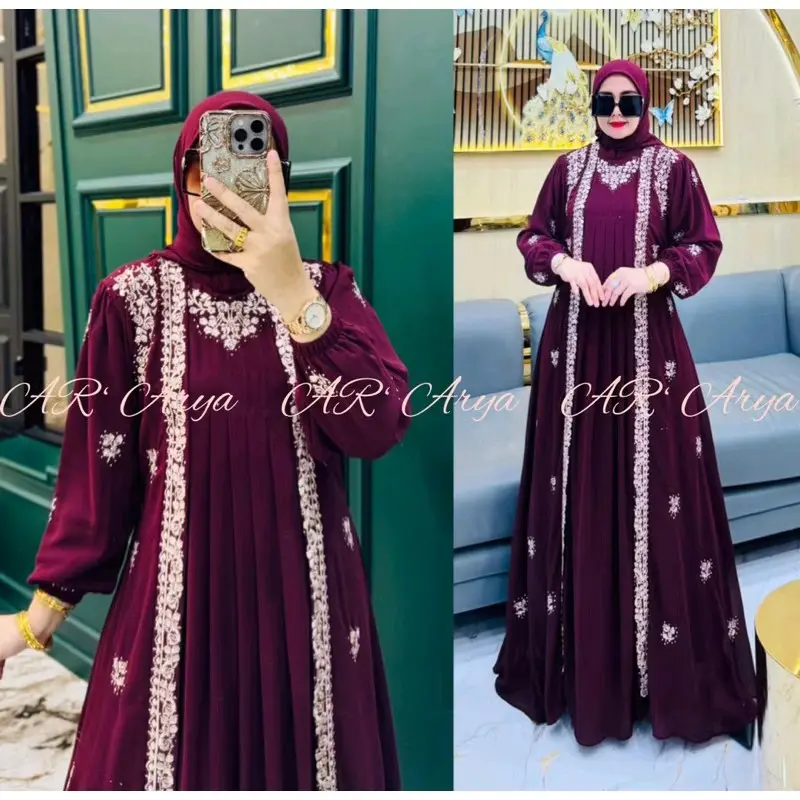 COD DRESS MELATI BORDIR MIX PAYET SWAROSKI SET HIJAB Gamis Wanita Muslim Lebaran Pesta Mewah Kondangan Ceruty