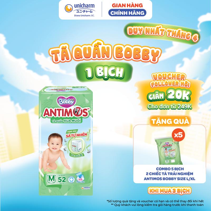 Tã Quần Xua Muỗi Bobby Antimos - Hàng Rào Sả Tự Nhiên - Size M 52 miếng/L 50+2/XL 48+4/XXL 46 +6