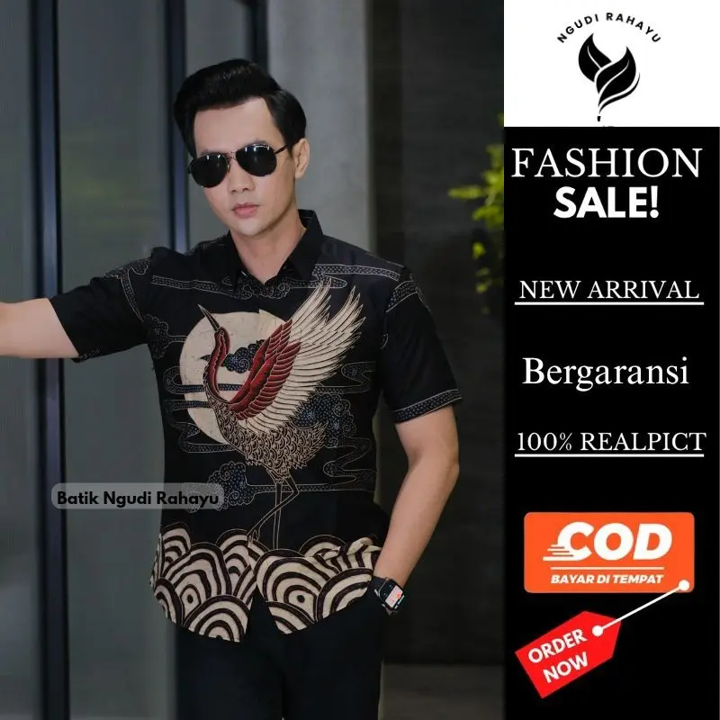 Kemeja Batik Pria Ngudi Rahayu Terbaru Model Slim Slimfit Premium Hem Hitam - Keren, Kantong, Navy, Kancing