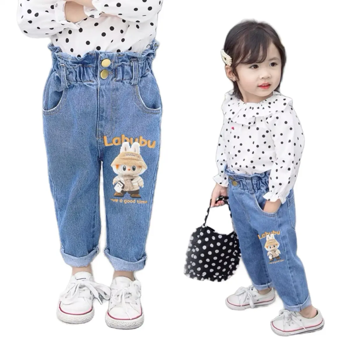Celana Jeans Anak Perempuan Labubu Model HW Kancing Snow Blue, Ukuran 2-7 Tahun - Fashion Denim