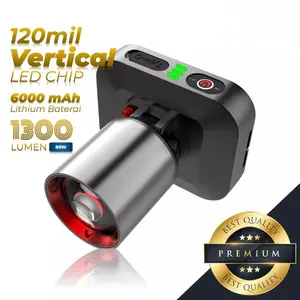 Senter Kepala LED Zoom Laser 80 Watt 1300 Lumen Aoki AK-3695A/AK-3596K Pro Cahaya Putih & Kuning Waterproof Super Terang Batre 6000mAh Tahan Hingga 50 Jam Plus RechargePro USB-C, 80W Fokus & Penyebaran Zoom